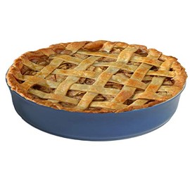 Sassafras Superstone® Stoneware Pie and Pizza Baker with Blue Glaze and Unglazed Interior 10.5” X 1.5” Interior