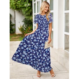 Simplee Dress for Women 2025 Casual Spring Boho Wedding Guest Dresses Floral Flowy Prom Smocked Elegant High Waist Garden Party Dress(Blue L)
