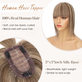 S-noilite Human Hair Toppers for Women with Bangs 100% Real Human Hairpiece 5"x3" Clip in Silk Base Topper Piece Cover Thinning Fine Hair 6 inch Medium Brown Highlighted Honey Blonde