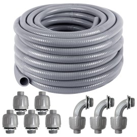 Flexible Electrical Conduit 1/2 Inch 50ft,Liquid-Tight Conduit And Connector Kit,Liquid Tight Flexible Electrical Conduit 1/2 Flexible Conduit With 5 Straight And 3 90-Degree Conduit Connector Fitting