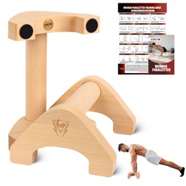 Wooden Push Up Bars, 2 PCS Solid Beech Wooden Parallettes with Embedded Non-slip Feet & Training Poster for Floor, Push Up Stands for Men Strength Training, Planks, Calisthenics & Home Gym Workout