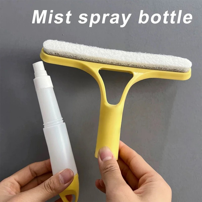 3-in-1 Window Cleaning Squeegee with Built-In Spray Bottle, Dual-Sided Sponge