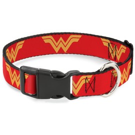 Collar de perro con clip de plástico DC League of Super Pets Wonder Woman Logo Rojo Amarillo 9.5 a 13 pulgadas, 1.0 pulgadas de ancho