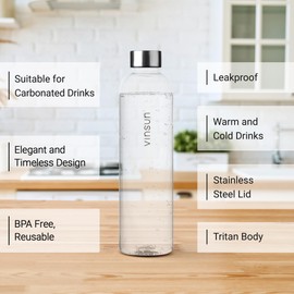 VINSUN Water Bottle 1L Transparent - Leak-proof Water Flask - BPA free, Reusable, Tritan - Drinks Bottle for Sports, Gym, Travel, School, Cycling, Running, Work