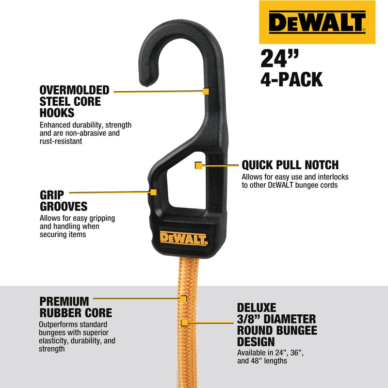 DEWALT DXBC300244 Black/Yellow 24” Premium Heavy-Duty Bungee Cords, 4 Pack