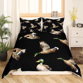 Mallard Duck Duvet Cover Hunting and Fishing Bedding Set Wild Animal Comforter Cover for Boys Girls Kids Wildlife Black Bedspread Cover Double Size With 2 Pillow Case