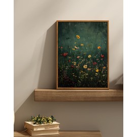 InSimSea Framed Canvas Prints Art Vintage Decor, Wildflower Field Antique Painting, Rustic Floral Botanical Wall Art for Living Room Bedroom Home Bathroom Wall Decor, 12x16inch