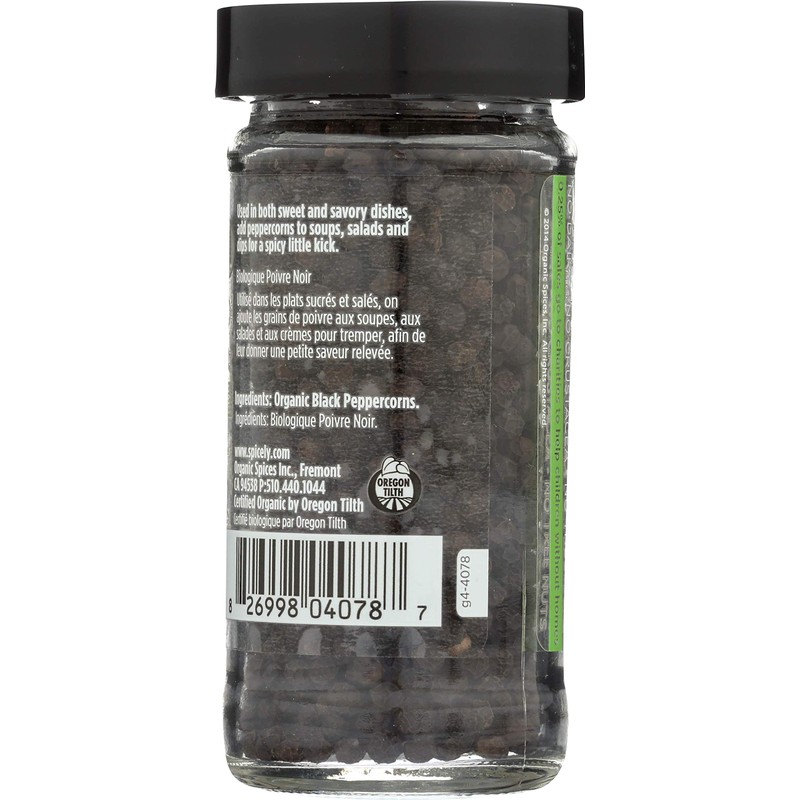 Spicely Organic Peppercorn Black Whole 1.70 Ounce Jar Certified Gluten