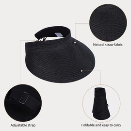 Mayoii Straw Visor Hat Women Sun Visor Hat Rollable Ladies Wide Brim Straw Foldable Summer Topless Sunhats for Womens Adjustable Beach Cap (UK, Alpha, One Size, Standard, Muiticolor-Black)