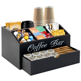 Coffee Bar Organizer for Countertop, 2-Tier Wood Station with Drawer, Black