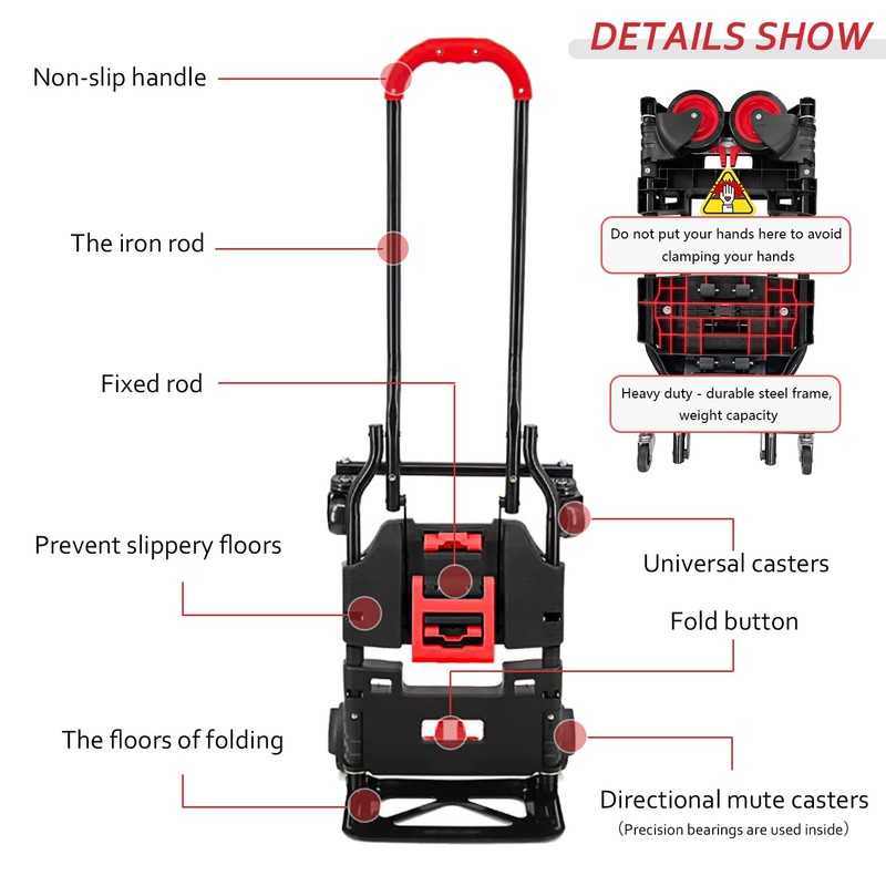 Folding Hand Truck, Portable Dolly Cart with Rubber Wheels and