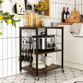 Giantex Kitchen Bakers Rack 3-Tier Microwave Cart on Wheels, Industrial Utility Bar Cart with 10 Hooks Metal Frame Wood Storage Shelves, Rolling Microwave Stand, Vintage Brown