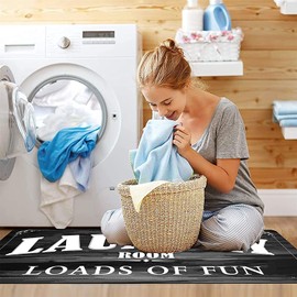 ABREEZE Black Laundry Room Runner Rug Loads of Fun Rug Cushioned Anti Fatigue Non Slip Rubber Mat for Washroom Bathroom Kitchen Farmhouse Decor Laundry Mat Washer and Dryer Carpet 20x48