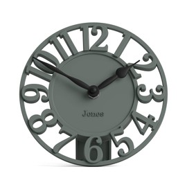 Jones Clocks® Ealing desk clock | Mini skeleton clock | Green | Freestanding contemporary mantel clock with cut out numbers for shelf, table, mantel or bedside