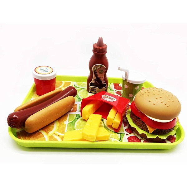 GiftExpress Burger & Hot Dog Fast Food Cooking Play Set for Kids with Hamburger, Fries, Hot Dog, Coke, Ketchup, Milk, Sauce and Tray