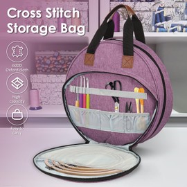 Embroidery Project Bag, Embroidery Supplies Storage Carrying Tote Case with Multiple Pockets and Handle, Cross Stitch Bag, Double Layer Round Embroidery Project Bag for Floss Hoops Thread (Purple)