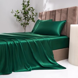 Damier Fitted Sheet 200 x 200 cm Green Dark Green Satin Silk Shiny Flat Sheet High Quality Deluxe Plain Fitted Sheet Suitable for Mattresses up to 30 cm