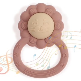 Dirbabi Rattle Teether, Lion Shape Montessori Baby Sensory Teething Toys, Food Grade Silicone BPA Free, Newborn Essentials Must Haves (Shifting Sand Dusty Lilac)