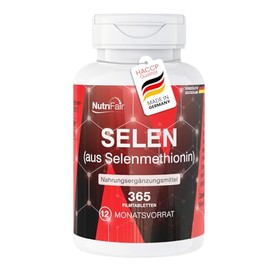 Nutrifair Selenio 200μg, 365 compresse, da selenometionina, 200μg per compressa, ad alto dosaggio, facili da deglutire, 100% vegane, produzione tedesca e test di laboratorio, Premium & Equo