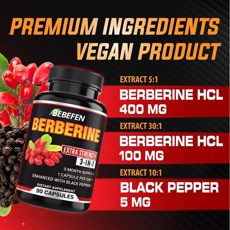 BEBEFEN Berberine Capsules with Black Pepper Extract - 90 Capsules