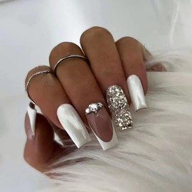 JUSTOTRY 24 Pcs Coffin Glitter Press on Nails Long with 3D Rhinestone Diamond,Milky White French False Nails Patterns, Ballerina Stick on Nails for Women,Acrylic Ballet Fake Nails Medium with Glue for Nail Art