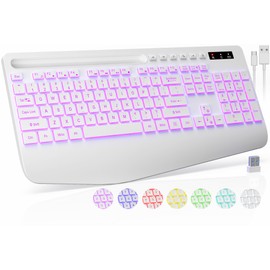 Wireless Keyboard with 7 Colored Backlit, Wrist Rest, Phone Holder, Rechargeable Ergonomic Computer Keyboard with Silent Keys, Full Size Lighted Keyboard for Windows, MacBook, PC, Laptop (White)