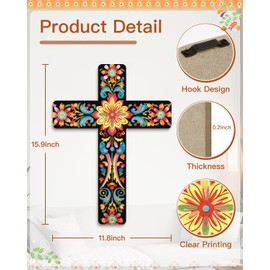 Putuo Decor Floral Cross Wall Decor Painted Decorative Wooden Inspirational Cross Spanish Style Wall Cross Decor Mexican Art Wall Decor Crucifix for Home Room Church Decoration (Yellow Flower)