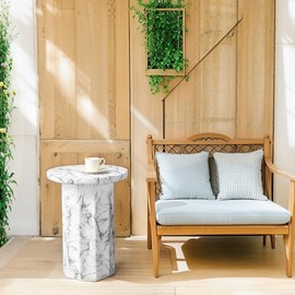 Glitzhome Modern Outdoor Side Table 16" D, MGO Faux Marble Decorative Garden Stool for Patio Deck, Heavy Duty Round Outside End Table for Plants Stand or Coffee, Indoor/Outdoor Accent Stool, White