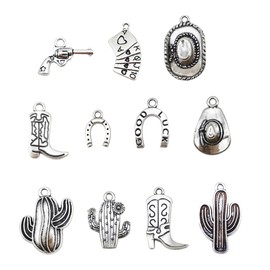 Julie Wang 100 Grams Antique Silver Western Cowboy Charms Mixed Alloy Boot Gun Hat Pendants for Necklace Bracelet KeyChain Jewelry Making Father's Day Gifts DIY Craft