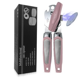 Safring Can Opener Manual with Magnet, Stainless Steel Handheld Heavy Duty Can Opener, Sharp Blade Smooth Edge, Comfortable Handle, Can Openers with Multifunctional Bottle Opener, Pink