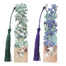 Set of 2 Exquisite Floral - Designed Metal Bookmarks with Tassels, Decorative Floral Bookmark with Blue Tassel, Cherry Blossom Design, Clear Acrylic, AUPOINT