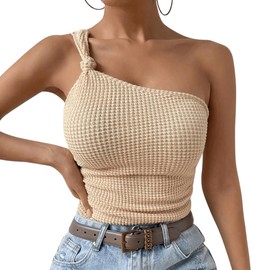 BEAUDRM Women's Solid Knot Detail Tee Tops One Shoulder Asymmetrical Neck Sleeveless Waffle Knit Casual Ruched Tank Apricot Large