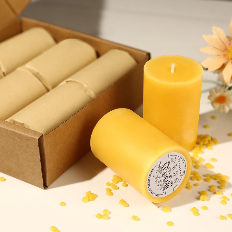 6 Pack Natural Beeswax Pillar Candles,100% Pure Beeswax Candles-192 Hours
