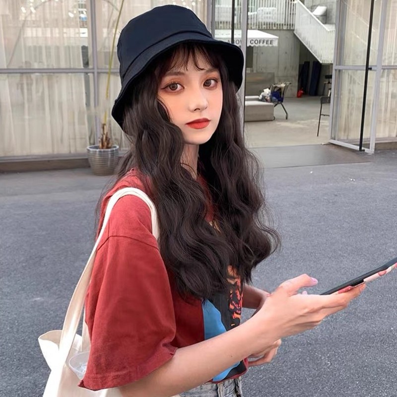 Hat Wig Women Detachable Middle Length Black Brown Curly Wavy