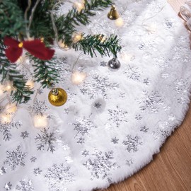 Lanpn 36" Christmas Tree Skirt, Large Faux Fur Snowflakes Round Christmas Tree Blanket 90 cm Underlay Rug Christmas Tree Decoration (Sliver, 90 cm)
