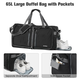 G4Free 65L Foldable Duffle Bag with Shoe Compartment for Travel Large Overnight Carry On Duffel Bag Packable for Women Men