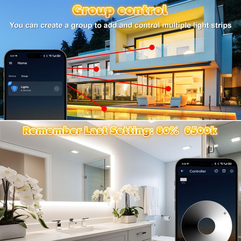 Outdoor LED Strip Lights Waterproof IP67, Dimmable 3000K-6500K Warm White