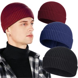 Paquete de 3 gorros de lana de pescador para hombres, gorra de reloj de punto corto con puños, F-negro, azul marino, rojo vino, Talla única