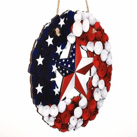 Jetec 4th of July Independence Day Decorations American Patriotic Rustic Wooden Plaque with Rope, Wood American Flag for Front Door Porch Wall Window(Wreath Style)