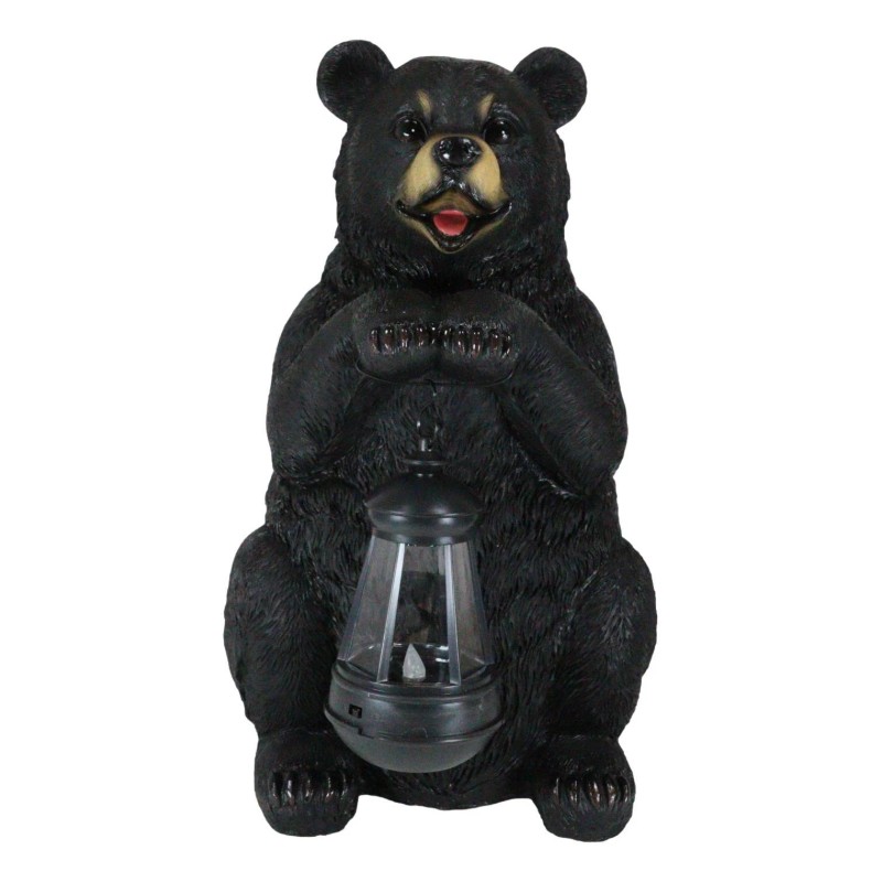 Rustic Garden Cute Black Bear Holding Solar Lantern Path Light