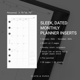 Cloth & Paper 2026 Monthly Planner Inserts | Monday Start | Personal Size 3.75 x 6.75 Inches | 6-Ring Refills | Jan–Dec Monthly Organizer | 29 Double-Sided Pages | Premium Thick Paper