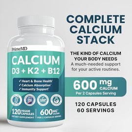 4-in-1 Calcium Supplements for Women and Men - Calcium with Vitamin D3 K2 5000 IU Supplement, 601mg per Serving for Heart, Bones & Body Defenses - Glu