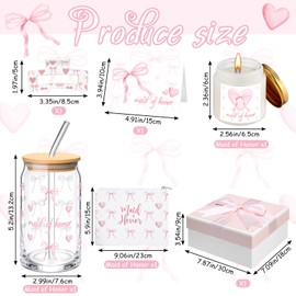 Meanplan 6 Pcs Maid of Honor Proposal Gifts Pink Bow Will You Be My Maid of Honor Gifts Set Bridal Shower 17oz Glass Cup Makeup Bag Candle Bow Hair Clip Card Box for Wedding Bachelorette Party