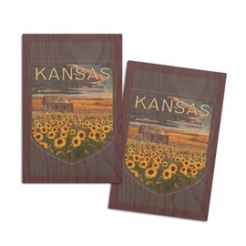 Kansas, Wheat Fields, Shack and Sunflowers, (4x6 Birch Wood Postcards, 2-Pack Stationary, Rustic Home Wall Decor)