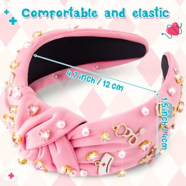 PANTIDE Nurse Jeweled Knotted Headband - Nurses Day Gift Medical Mask Rhinestone Crystal Pearl Embellished Headband Wide Top Knot Hair Accessories Outfits for Doctor Nursing Student Women Girl (Pink)