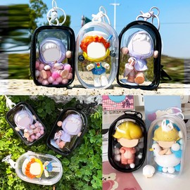 Itaba Case, Doll Holder, For Stuffed Animals, Clear Key Chain, Sewn Pouch, Outing, Double-Sided Transparent, Dustproof, Bag, Mini Pom Pom Ball Included, 2 Pieces (Transparent, Type B)