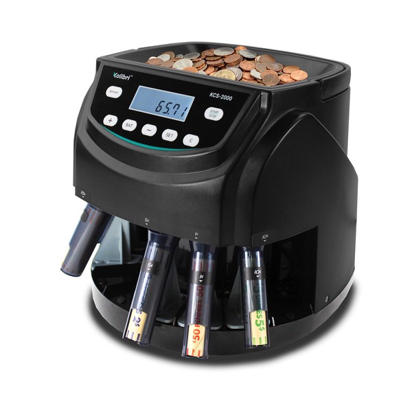 Kolibri KCS-2000 Professional USD Coin Counter, Sorter and Wrapper/Roller, Up to 300 Coins/min, LED Display with Full Report, Batch Feature – Included 5 Coin Bins & Tubes
