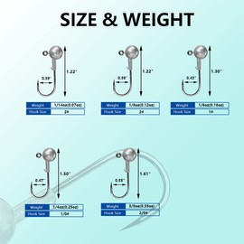 UperUper 50pcs Round Ball Fishing Jig Heads Set, Fishing Jig Head Hooks for Saltwater Freshwater Swimbait Bass Trout, 1/8oz 1/6oz 1/4oz