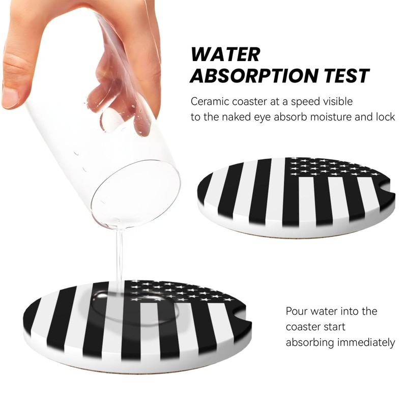 KOSUES Black White American Flag Absorbent Ceramic Car Coasters 2