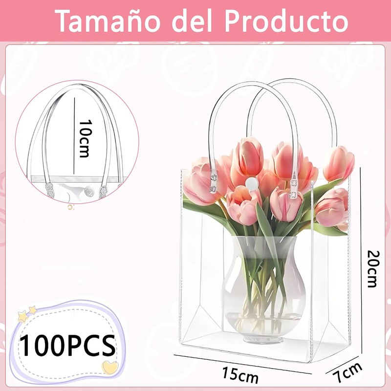 100PCS Bolsas de Regalo de PVC Transparente con Asas, Bolsas